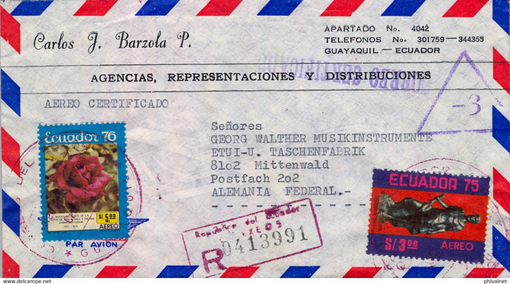 1978 ECUADOR , GUAYAQUIL - MITTENWALD , SOBRE CERTIFICADO , FUNDACIÓN DE QUITO , FLORES - Ecuador