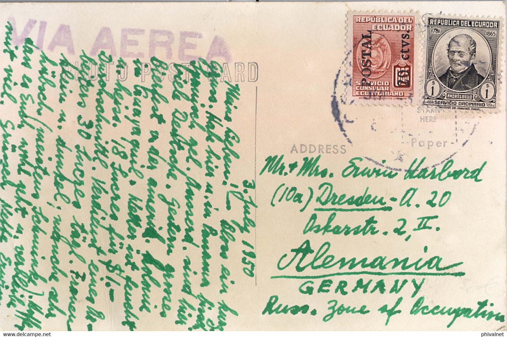 1950 ECUADOR , T.P. CIRCULADA , GUAYAQUIL - DRESDEN , PASEO DE LAS COLONIAS - Ecuador