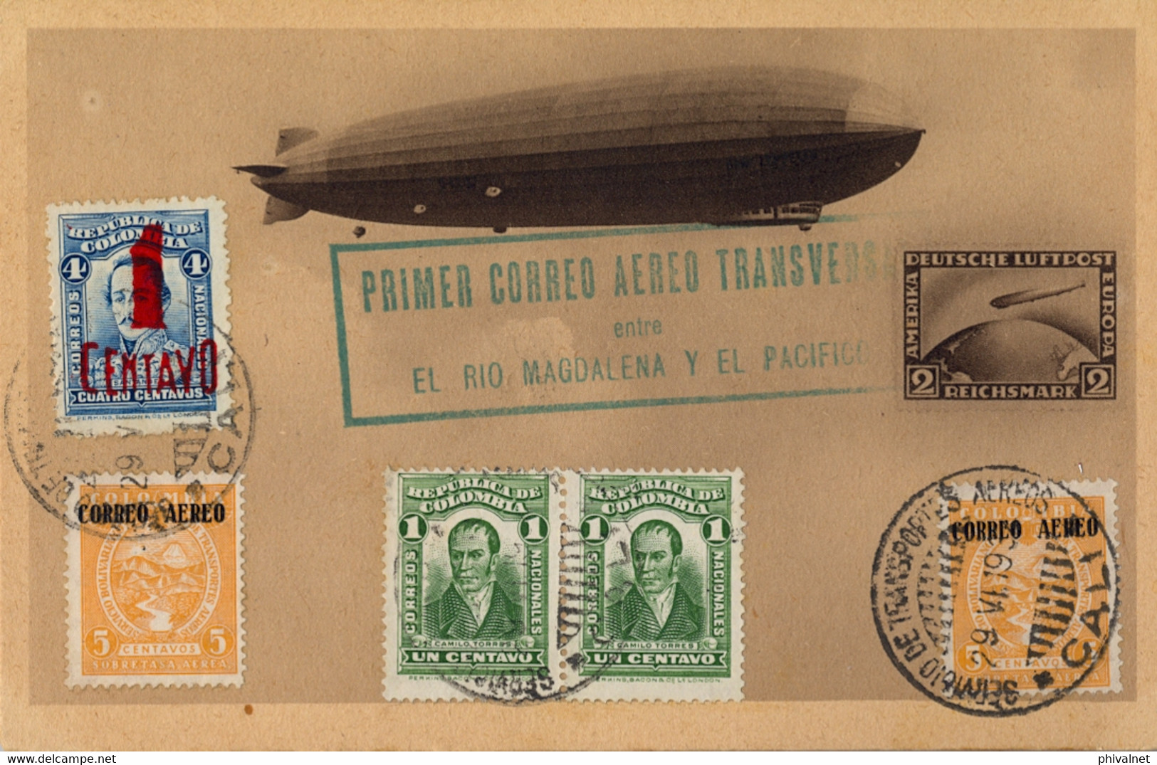 1932 , COLOMBIA , T.P. CIRCULADA , PRIMER CORREO AÉREO TRANSVERSAL ENTRE EL RIO MAGDALENA Y EL PACÍFICO . ZEPPELIN - Colombia