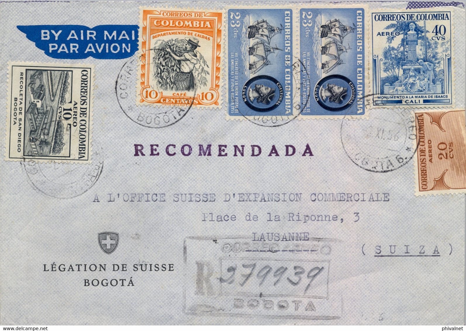 1956 , COLOMBIA , SOBRE CERTIFICADO , BOGOTÁ - LAUSANNE , LEGACIÓN DE SUIZA , CORREO CONSULAR , LLEGADA - Colombia