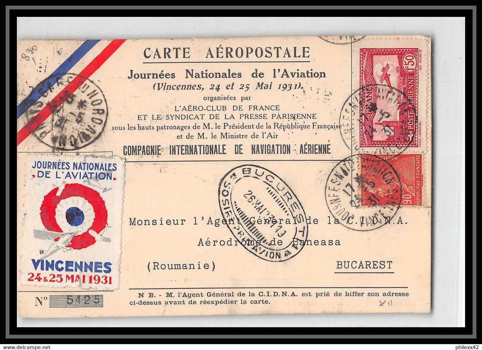 41901 Vincennes 1931 France Journees Nationales De L'Aviation PA N°5 Poste Aérienne Airmail Carte Aeropostale Vignette - 1927-1959 Lettres & Documents