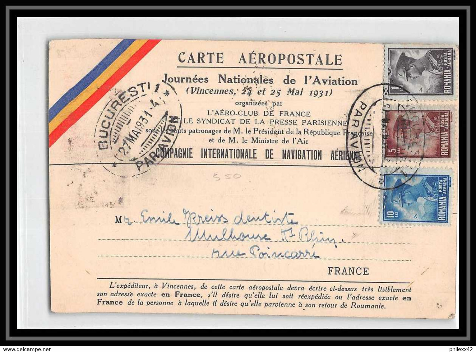 41901 Vincennes 1931 France Journees Nationales De L'Aviation PA N°5 Poste Aérienne Airmail Carte Aeropostale Vignette - 1927-1959 Lettres & Documents