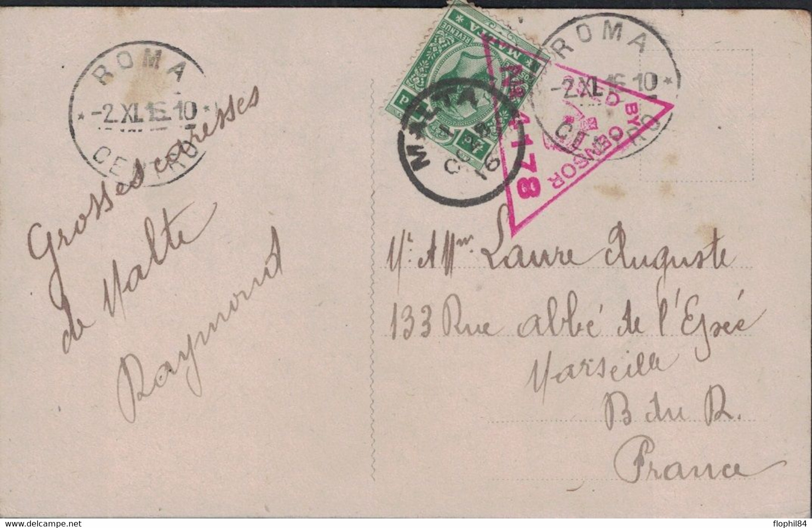 MALTE - MALTA - CARTE POSTALE DU 28-10-1916 - TRANSIT PAR ROMA CENTRO - CENSURE TRIANGULAIRE - CARTE POUR LA FRANCE - Malta (...-1964)