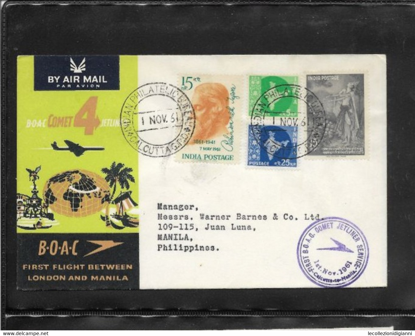 169) India Busta First Flight BOAC 1° Volo Londra Manila 1st Nov 1961 Comet Jetliner Service Calcutta To Manila - Storia Postale