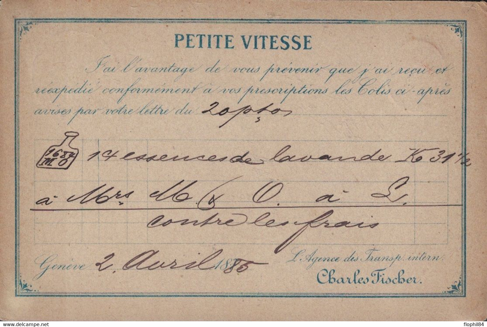 SUISSE - ENTIER POSTAL - REPIQUAGE AGENCE DE TRANSPORT INTERNATIONNAUX CHARLES FISHER - GENEVE LE 2-4-1885. - Interi Postali