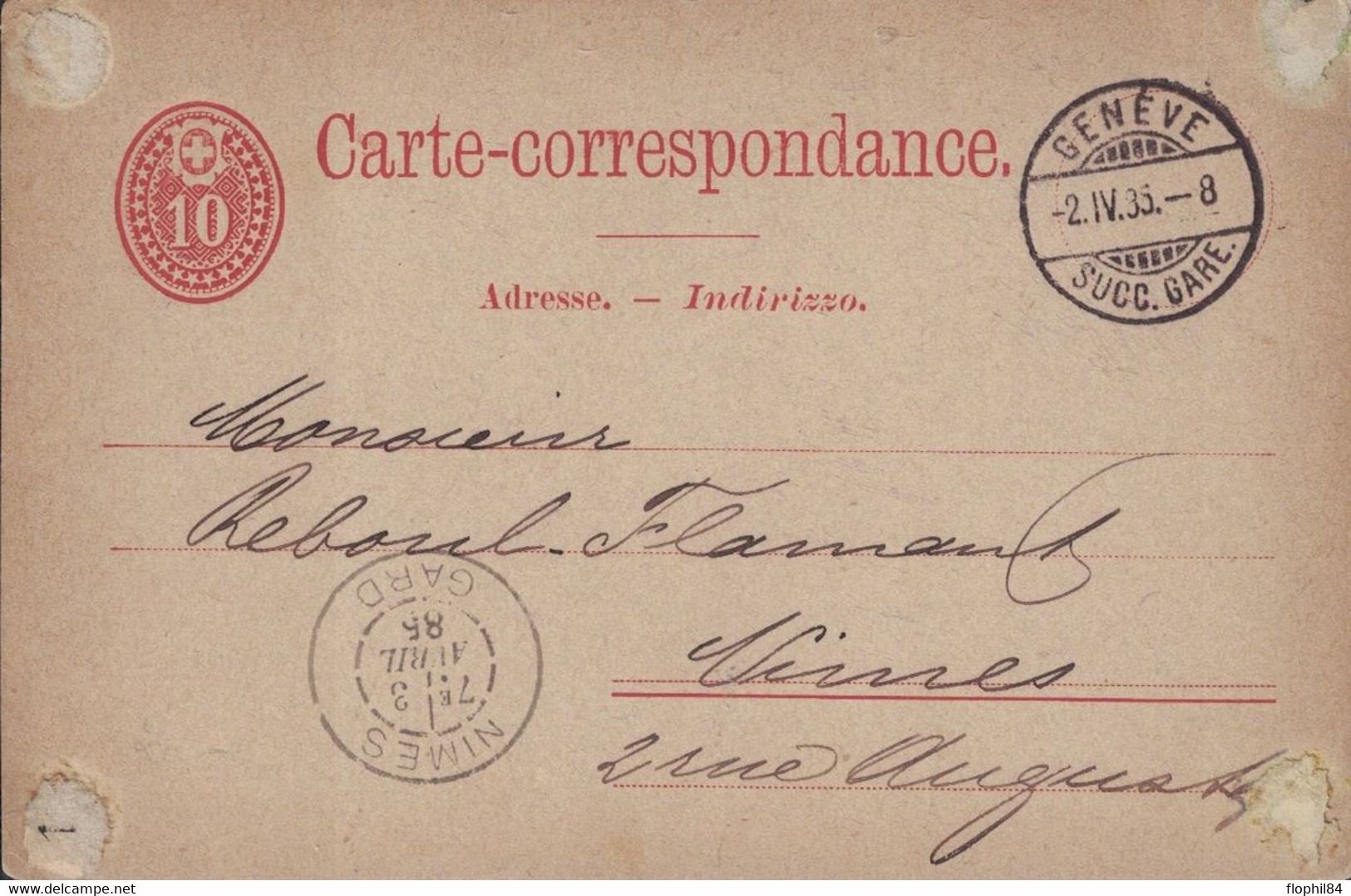SUISSE - ENTIER POSTAL - REPIQUAGE AGENCE DE TRANSPORT INTERNATIONNAUX CHARLES FISHER - GENEVE LE 2-4-1885. - Interi Postali