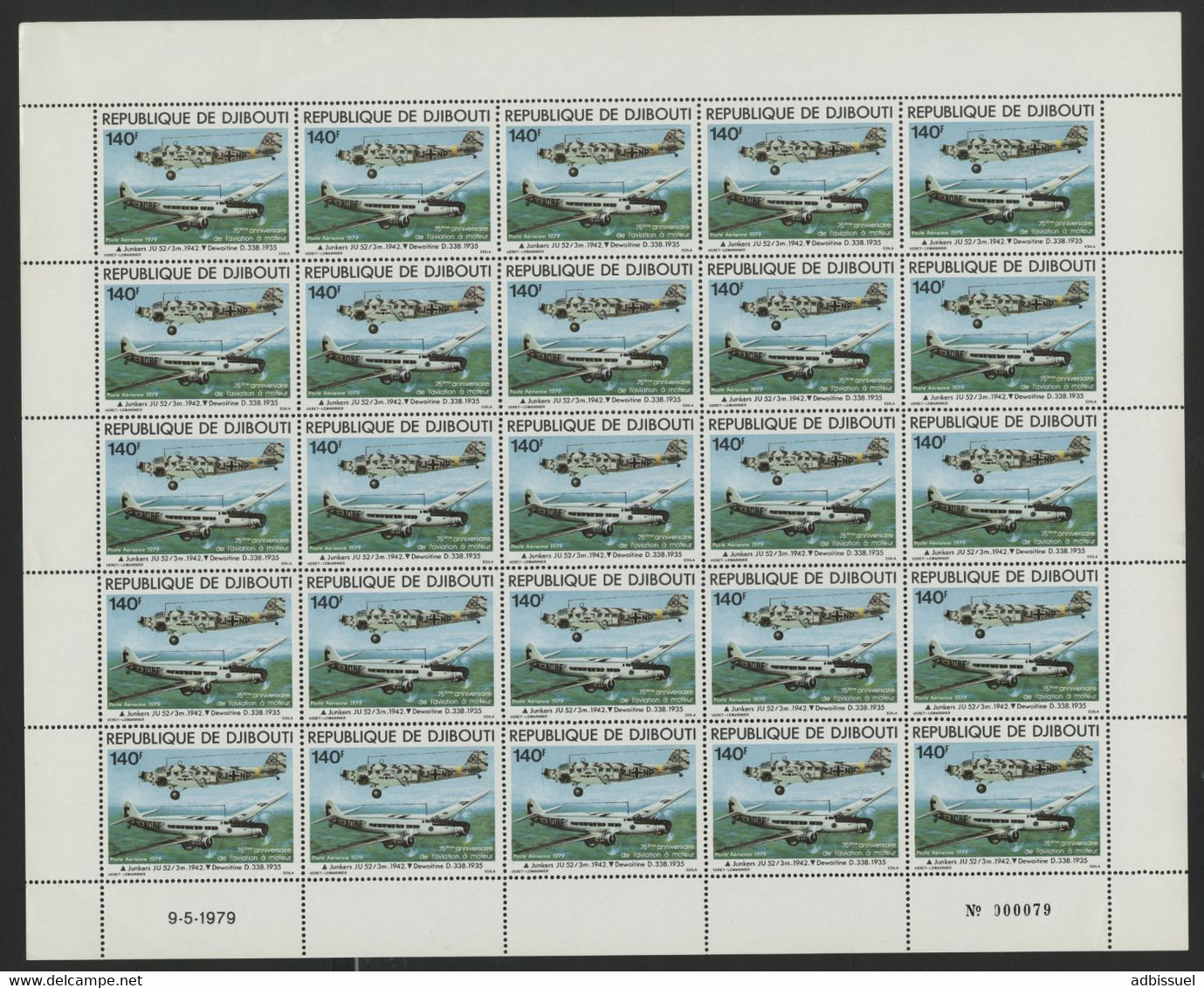 DJIBOUTI POSTE AERIENNE N° 130 MNH ** COTE 87,50 € FEUILLE De 25 EX. AVIONS PLANE JUNKER JU 52 DEWOITINE D.338 - Flugzeuge