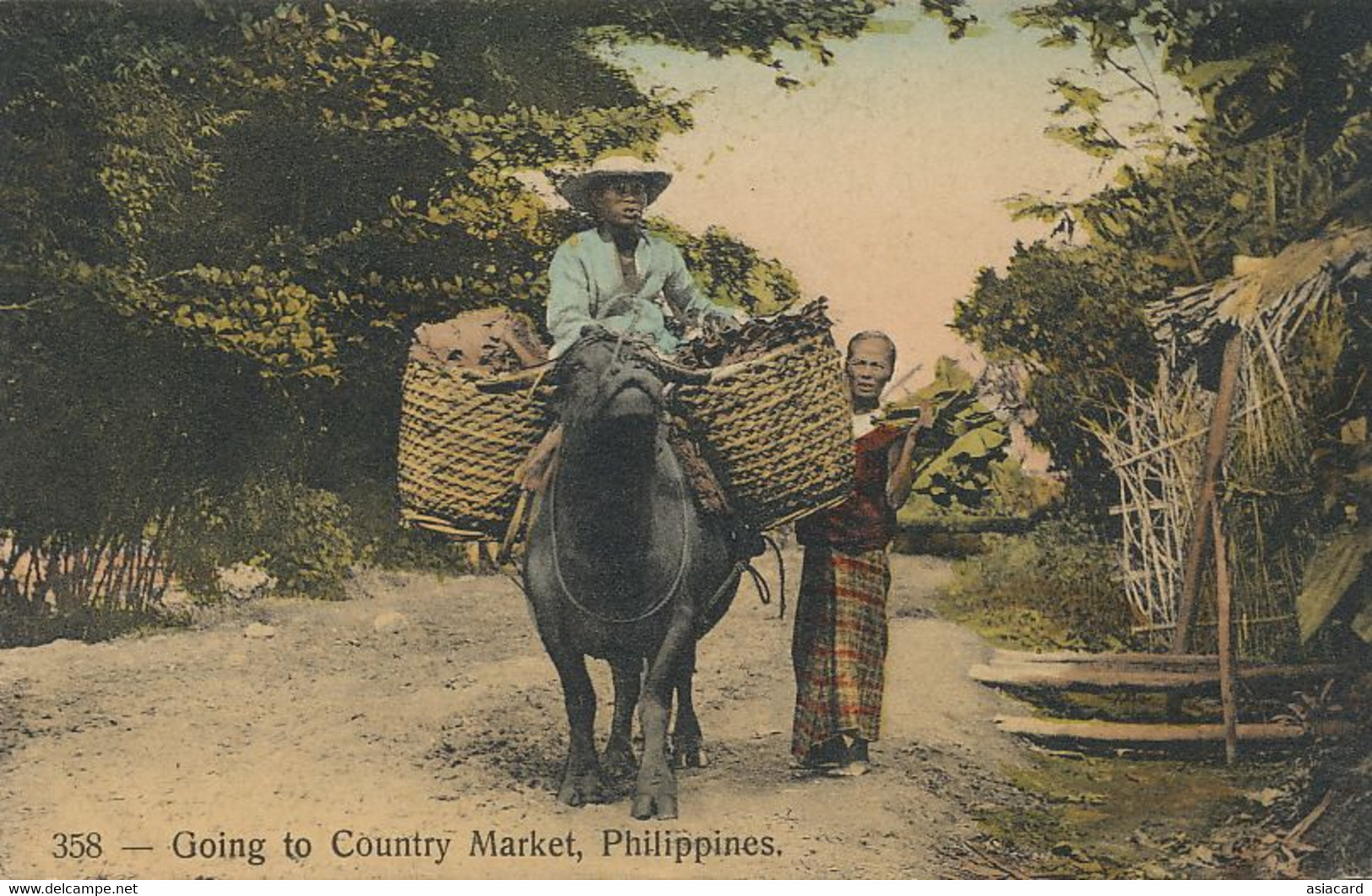 Hand Colored Going To Country Market Carabao Riding - Philippines