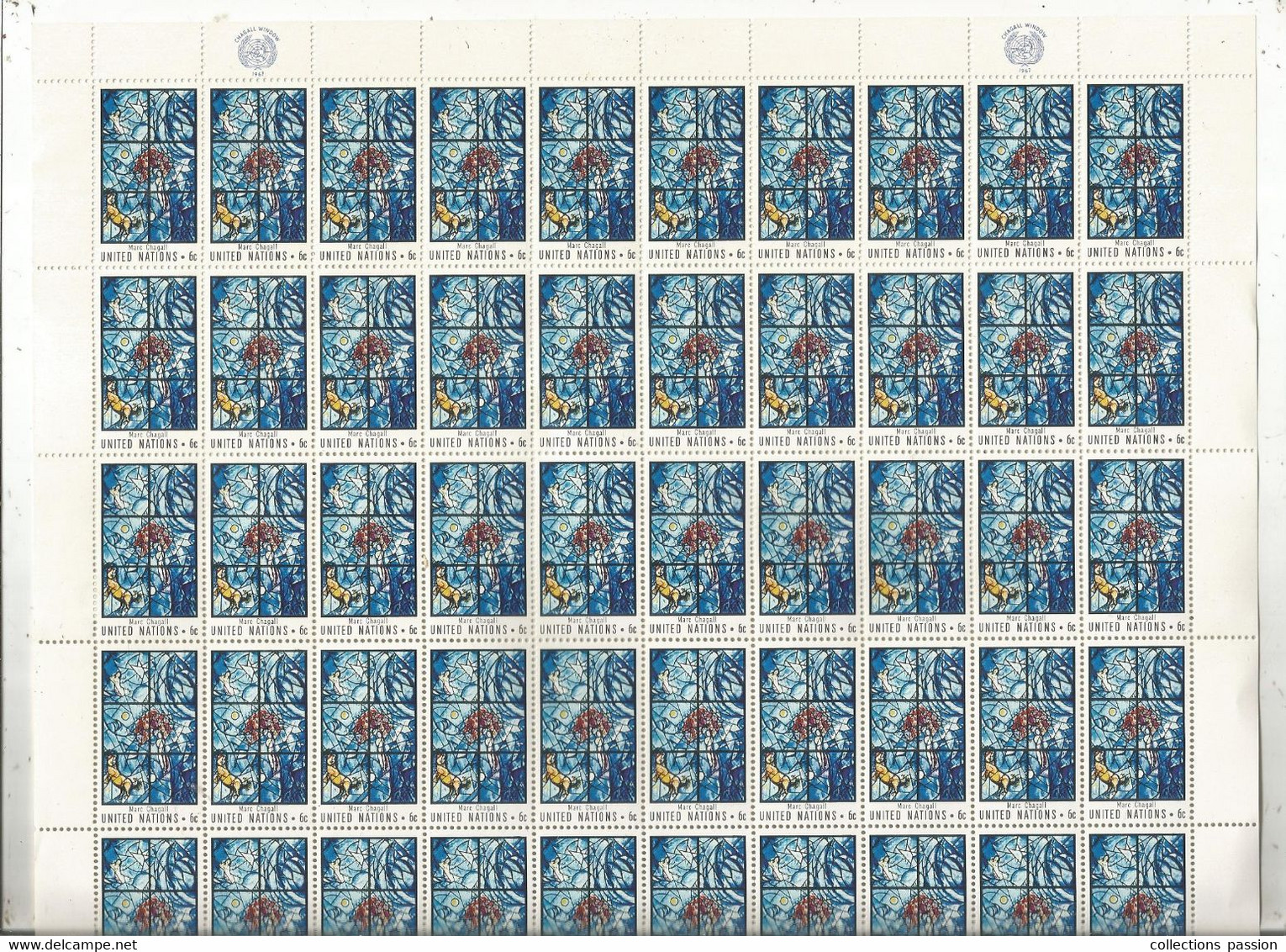 Planche De 50 Timbres , Neufs , UNITED NATIONS ,6c , Marc CHAGALL , Chagall Window , 1967 ,4 Scans , Frais Fr 2.45 E - ONU