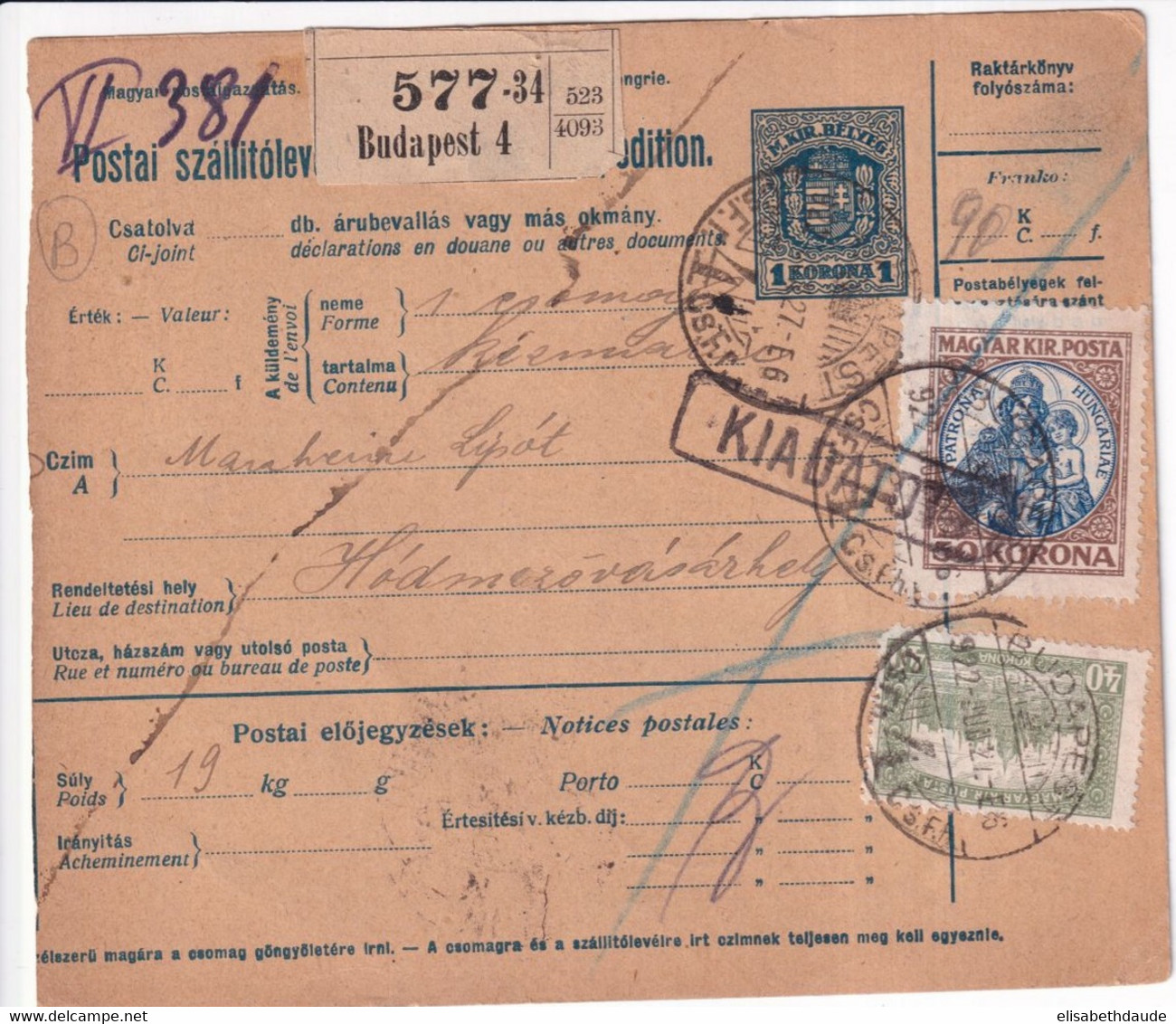 1922 - HONGRIE - CARTE ENTIER COLIS POSTAL De BUDAPEST - Postwaardestukken