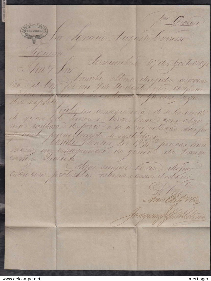 Brazil Brasil 1870 Entire Cover PERNAMBUCO To FIGUEIRA Portugal TAX 150 Reis - Briefe U. Dokumente