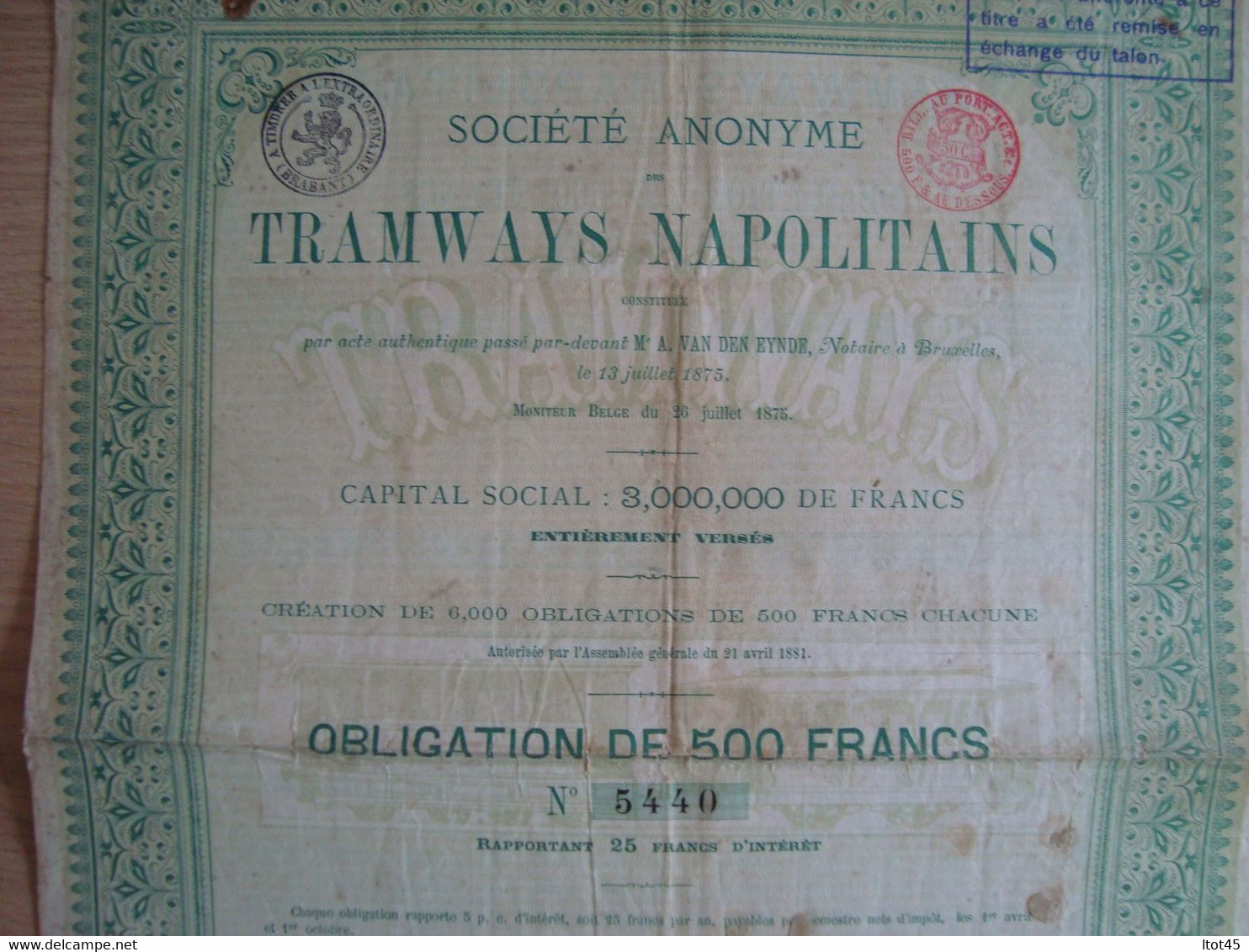 ACTION 500 FRANCS TRAMWAYS NAPOLITAINS 1882 - Transports