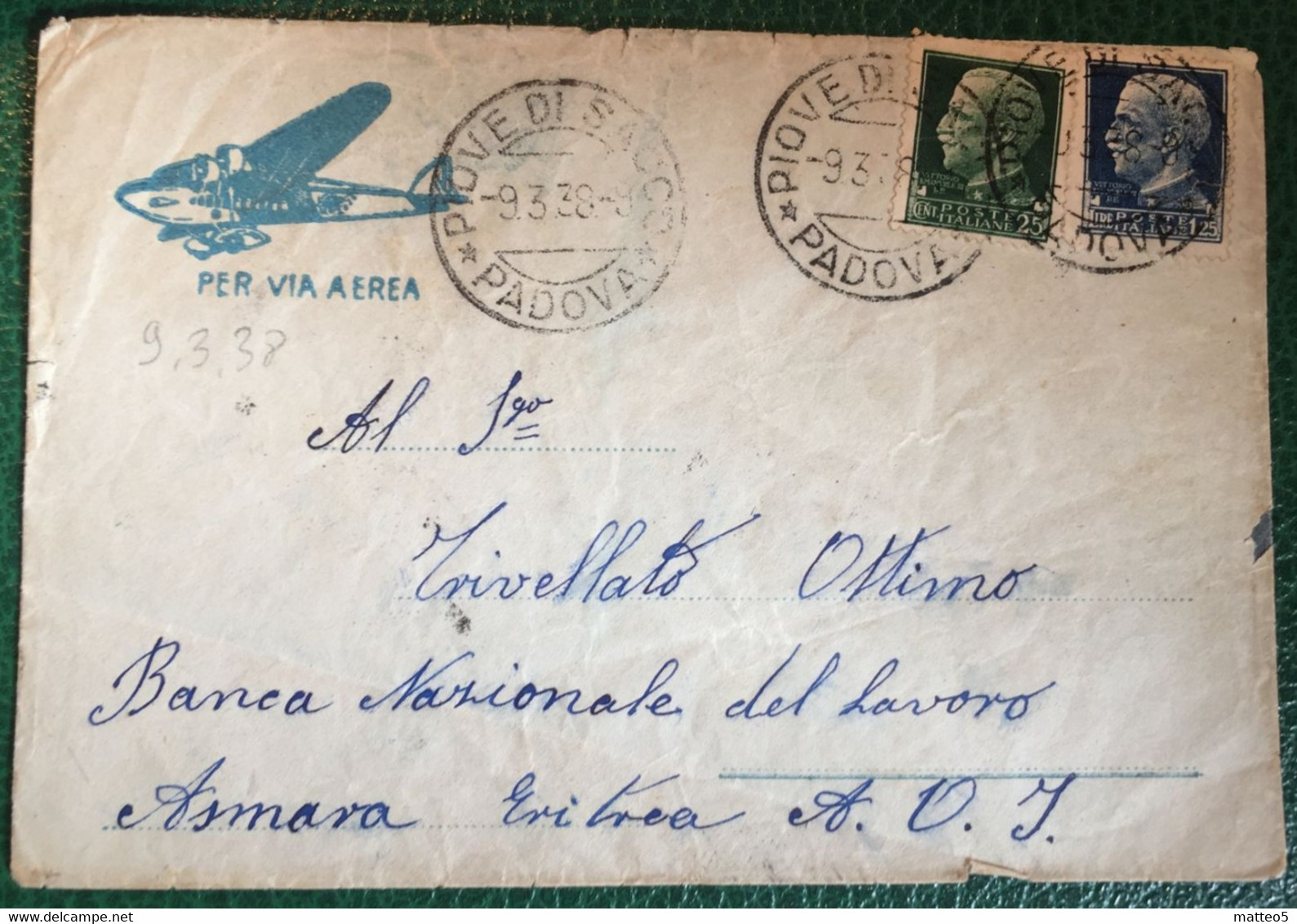 1938 - Italia Regno - Posta Via Aerea . Busta Viaggiata Da Piove Di Sacco Per Asmara - 106 - Correo Aéreo