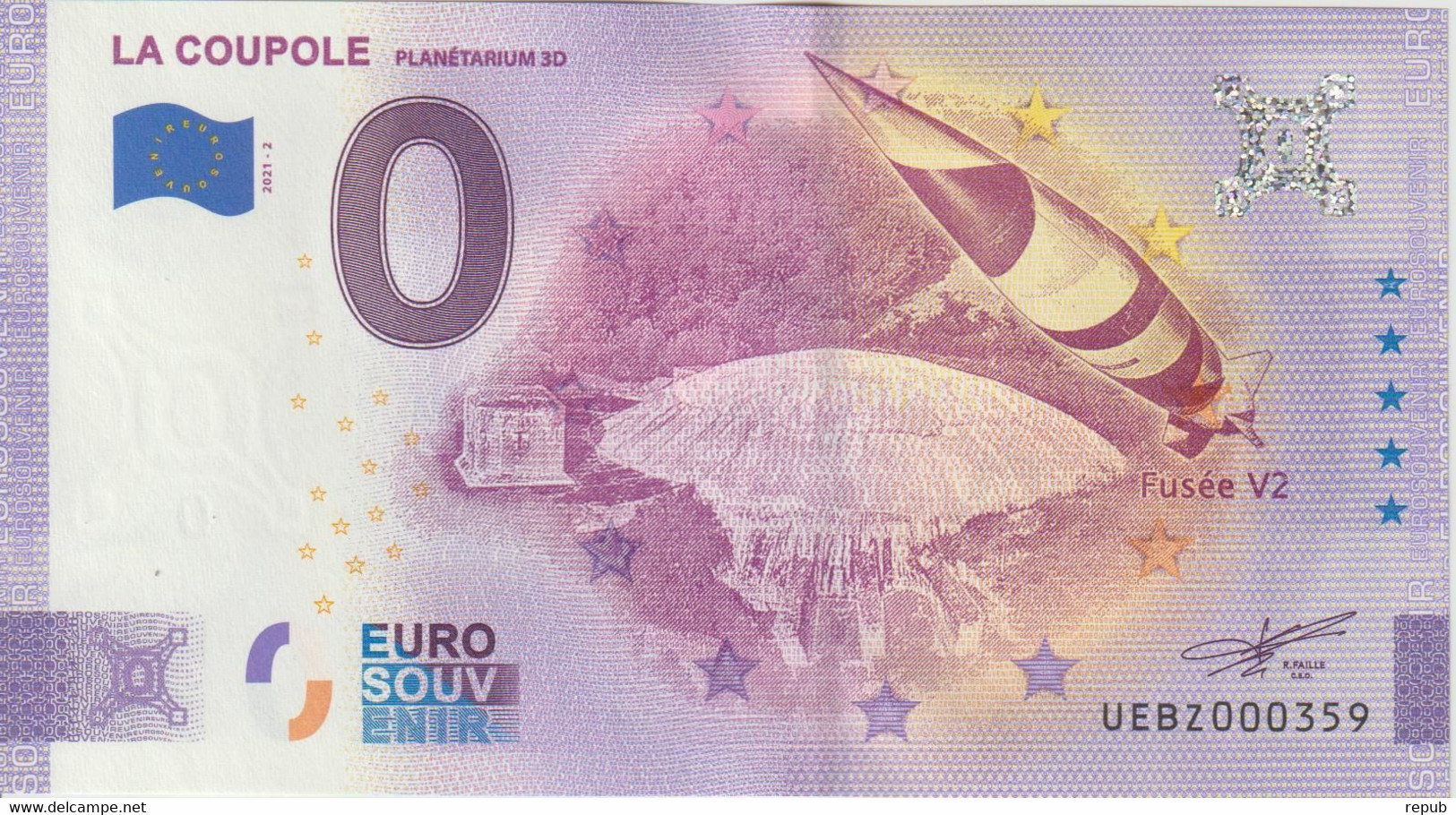 Billet Touristique 0 Euro Souvenir France 62 La Coupole Fusée V2 2021-2 N°UEBZ000359 - Privatentwürfe