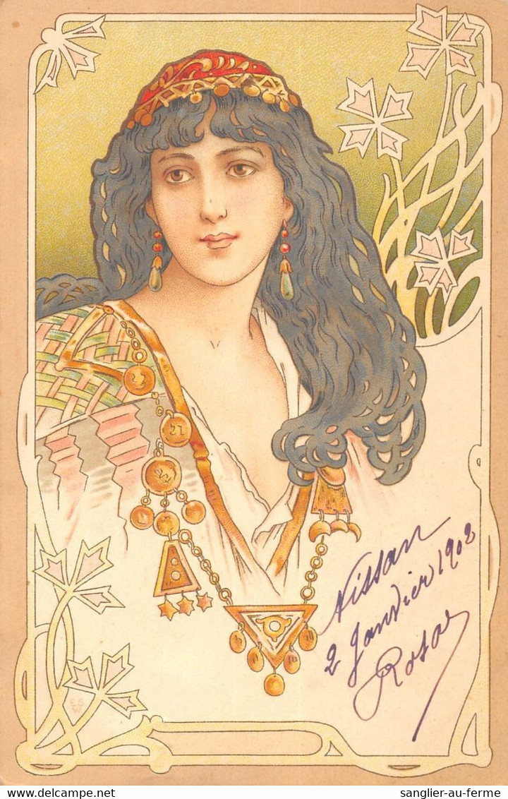 CPA ILLUSTRATEUR ART NOUVEAU FEMME DES ANNEES 1900 AUX CHEVEUX DENOUES ET BIJOUX ANNEE 1902 - Other & Unclassified