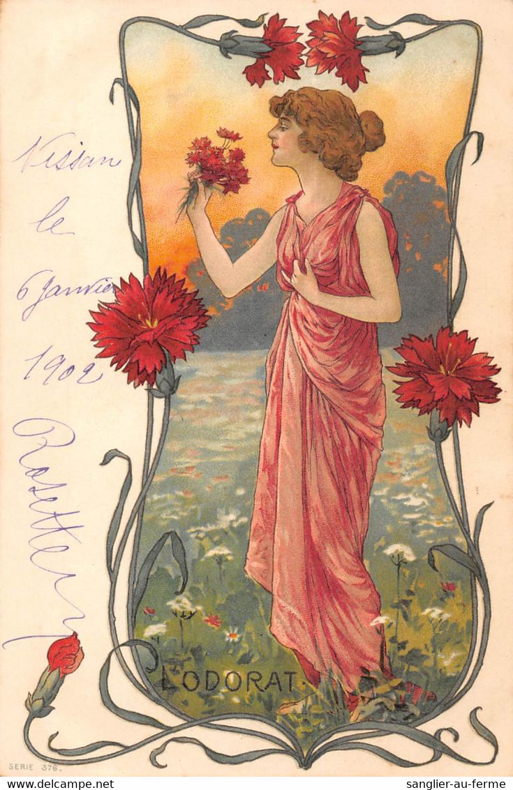 CPA ILLUSTRATEUR  ART NOUVEAU FEMME DES ANNEES 1900 AUX CHEVEUX DENOUES LES 5 SENS L'ODORAT - Sonstige & Ohne Zuordnung