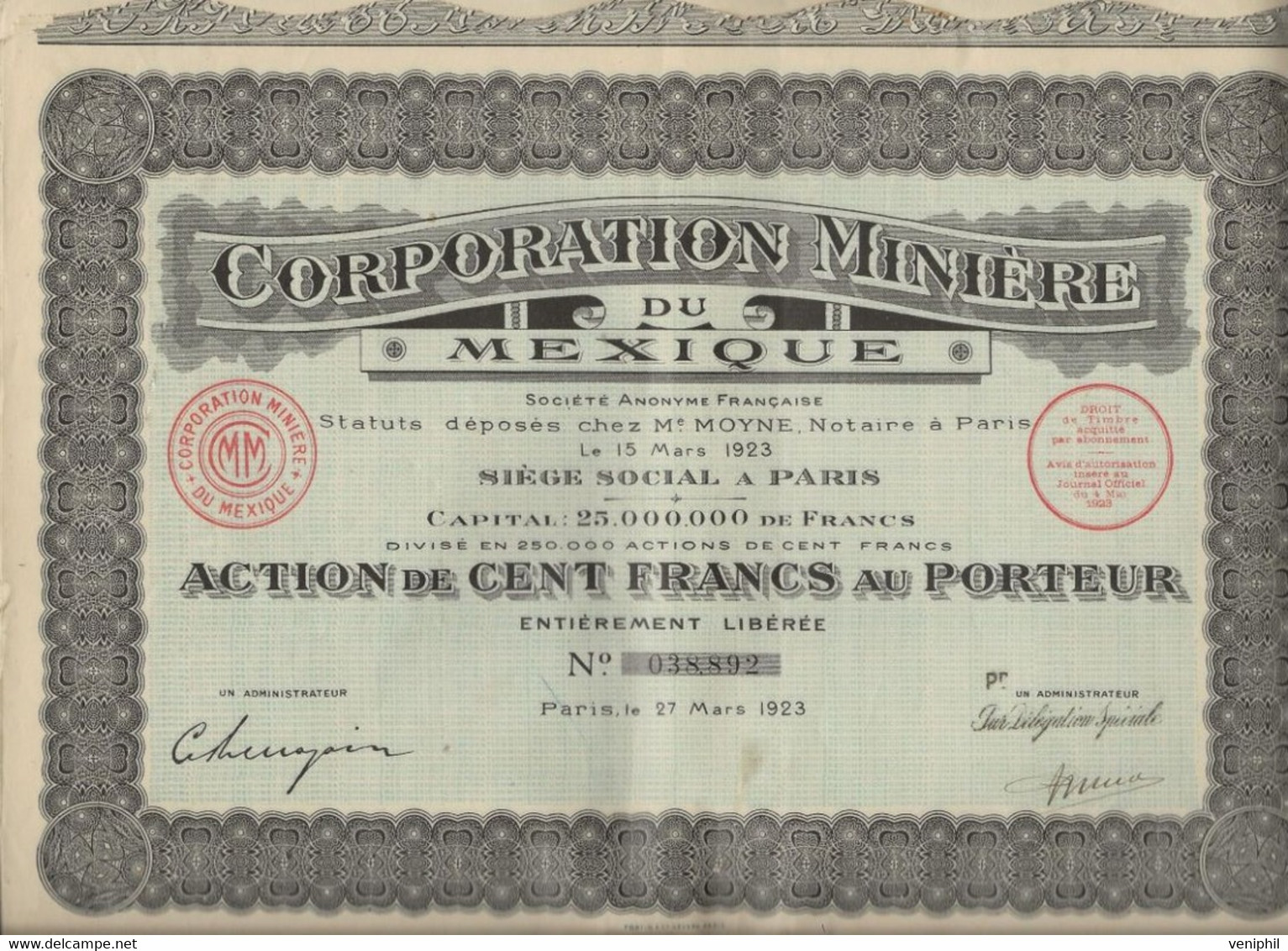 LOT DE 5 ACTIONS DE 100 FRS CORPORATION MINIERE DU MEXIQUE- ANNEE 1923 - Mineral