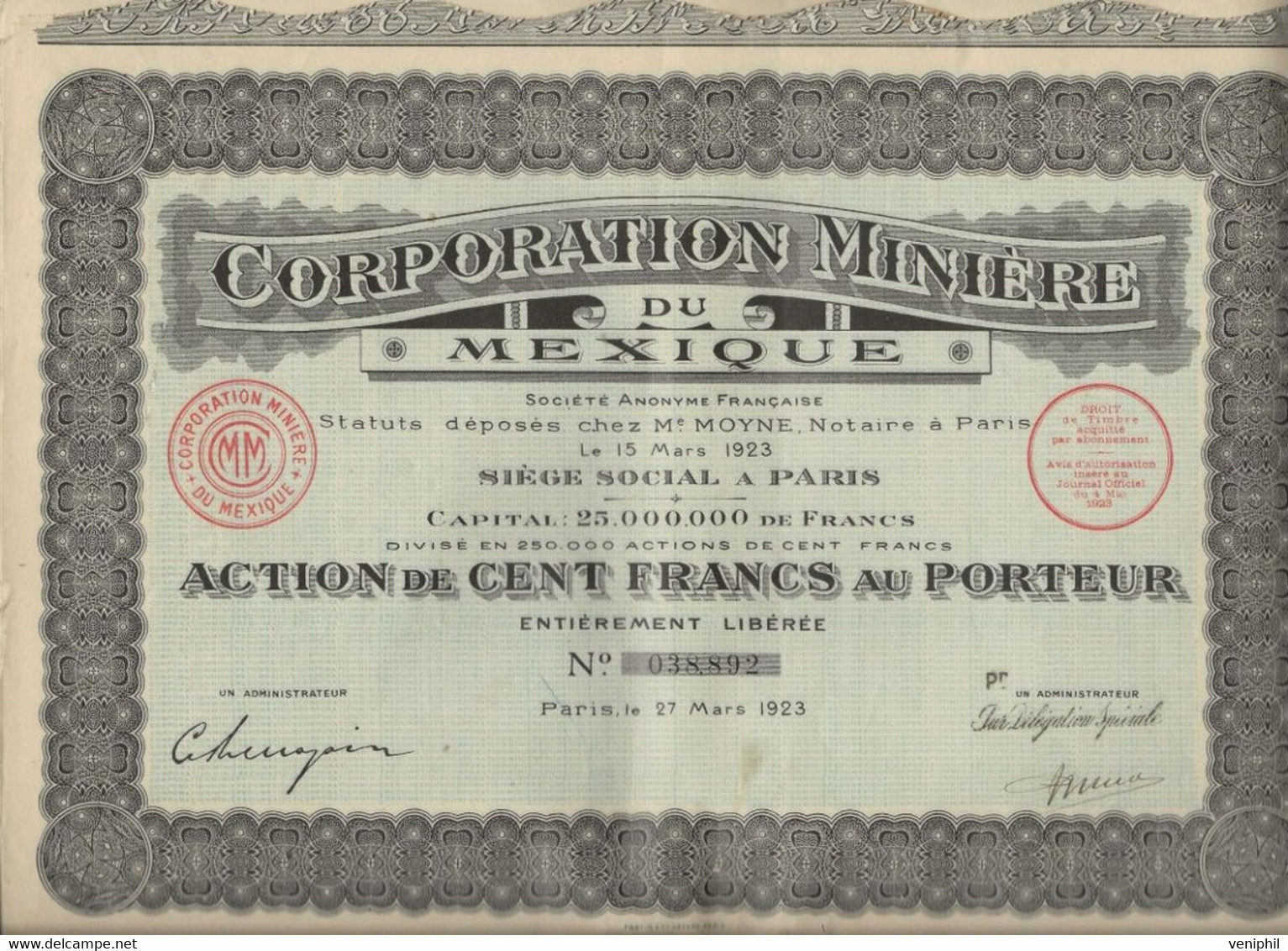 LOT DE 5 ACTIONS DE 100 FRS CORPORATION MINIERE DU MEXIQUE- ANNEE 1923 - Mines