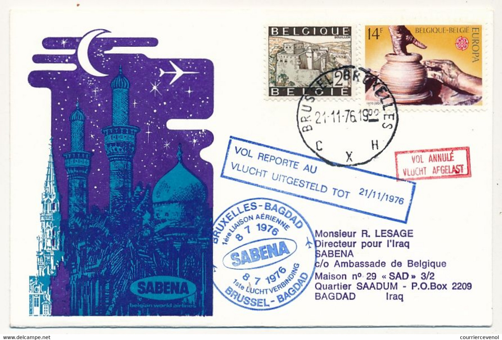 IRAN / BELGIQUE - 2 Enveloppes SABENA - 1ere Liaison Aérienne - BAGDAD - BRUXELLES - 8.7.1976 Et Retour - Iran