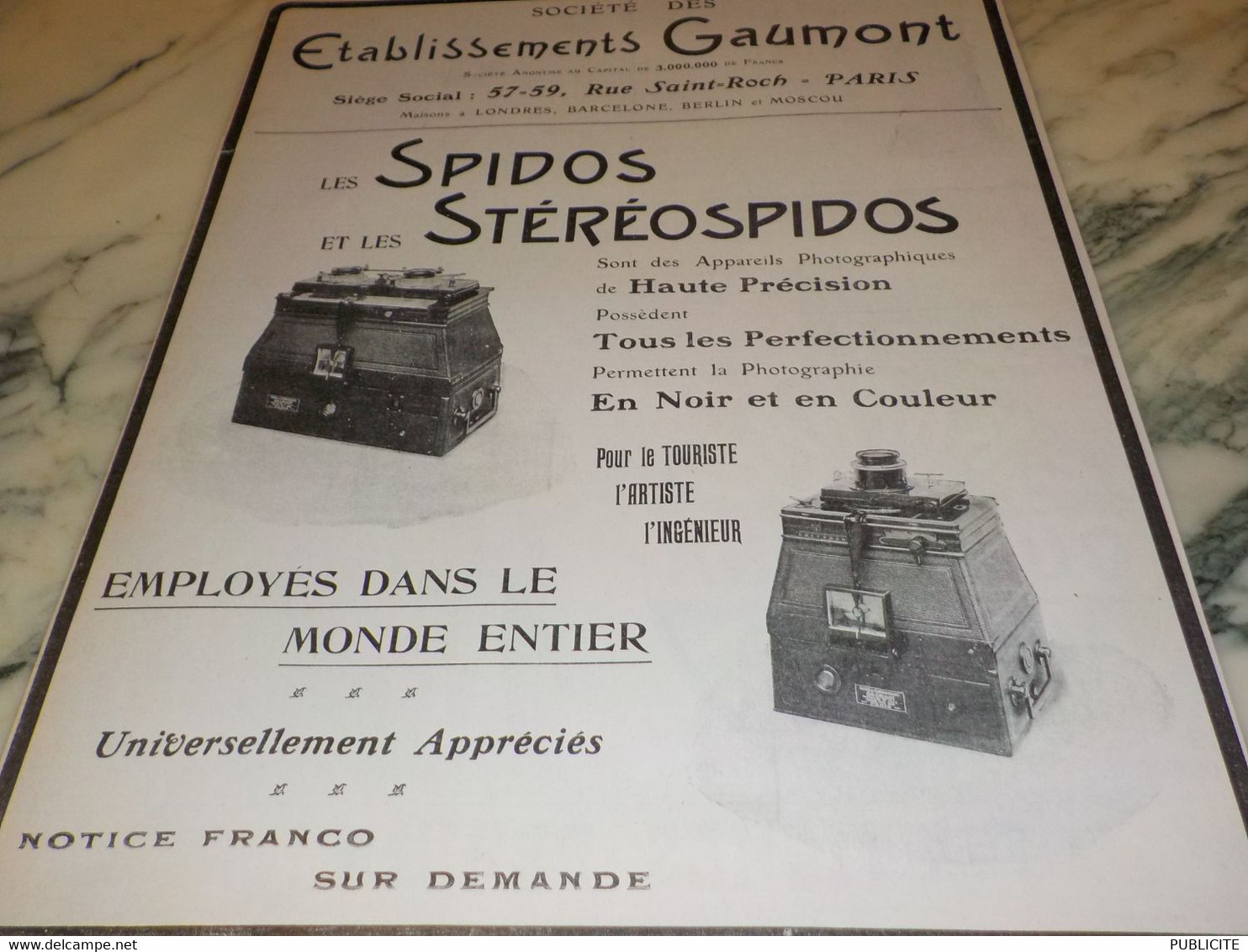 ANCIENNE PUBLICITE SPIDO STEREOSPIDOS  ETABLISSEMENT GAUMONT 1907 - Projecteurs