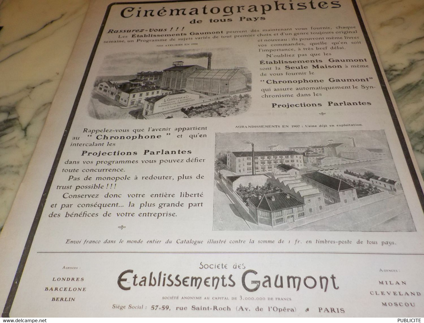 ANCIENNE PUBLICITE CINEMATOGRAPHISTES  ETABLISSEMENT GAUMONT 1907 - Projecteurs