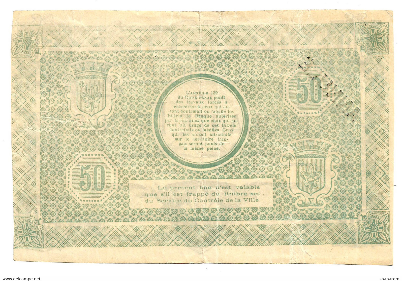 1914-1918 // (NORD) // VILLE DE LILLE // 1917 // 50 Francs // ANNULE - Buoni & Necessità