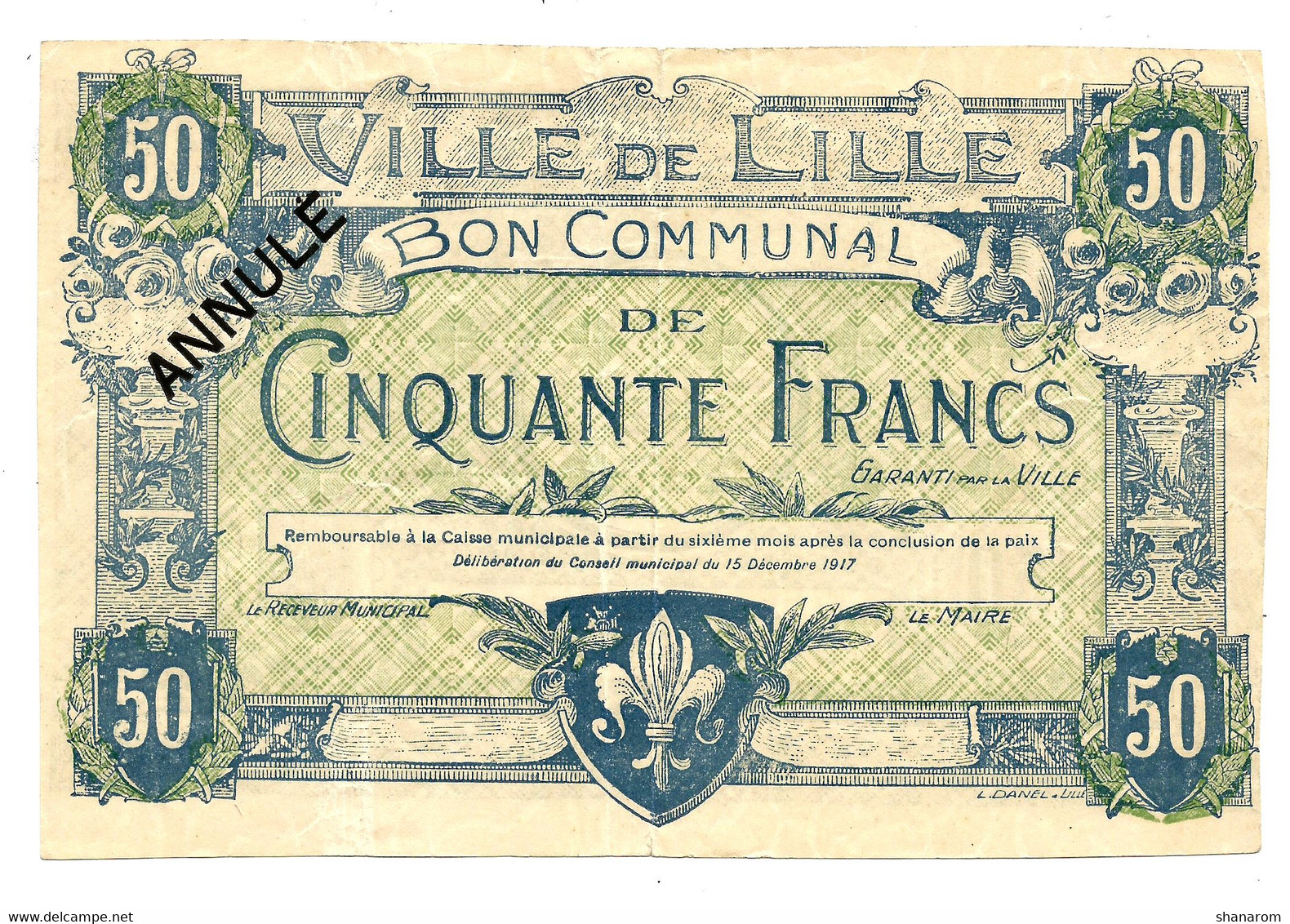 1914-1918 // (NORD) // VILLE DE LILLE // 1917 // 50 Francs // ANNULE - Buoni & Necessità