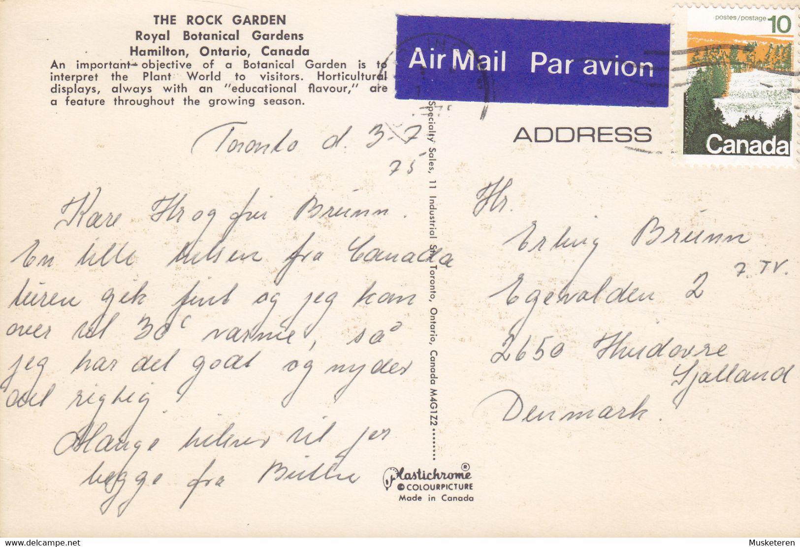 Canada PPC Hamilton The Rock Garden Botanical Gerdens Ontario Photo Marty Sheffer AIR MAIL Label 1975 Denmark (2 Scans) - Hamilton