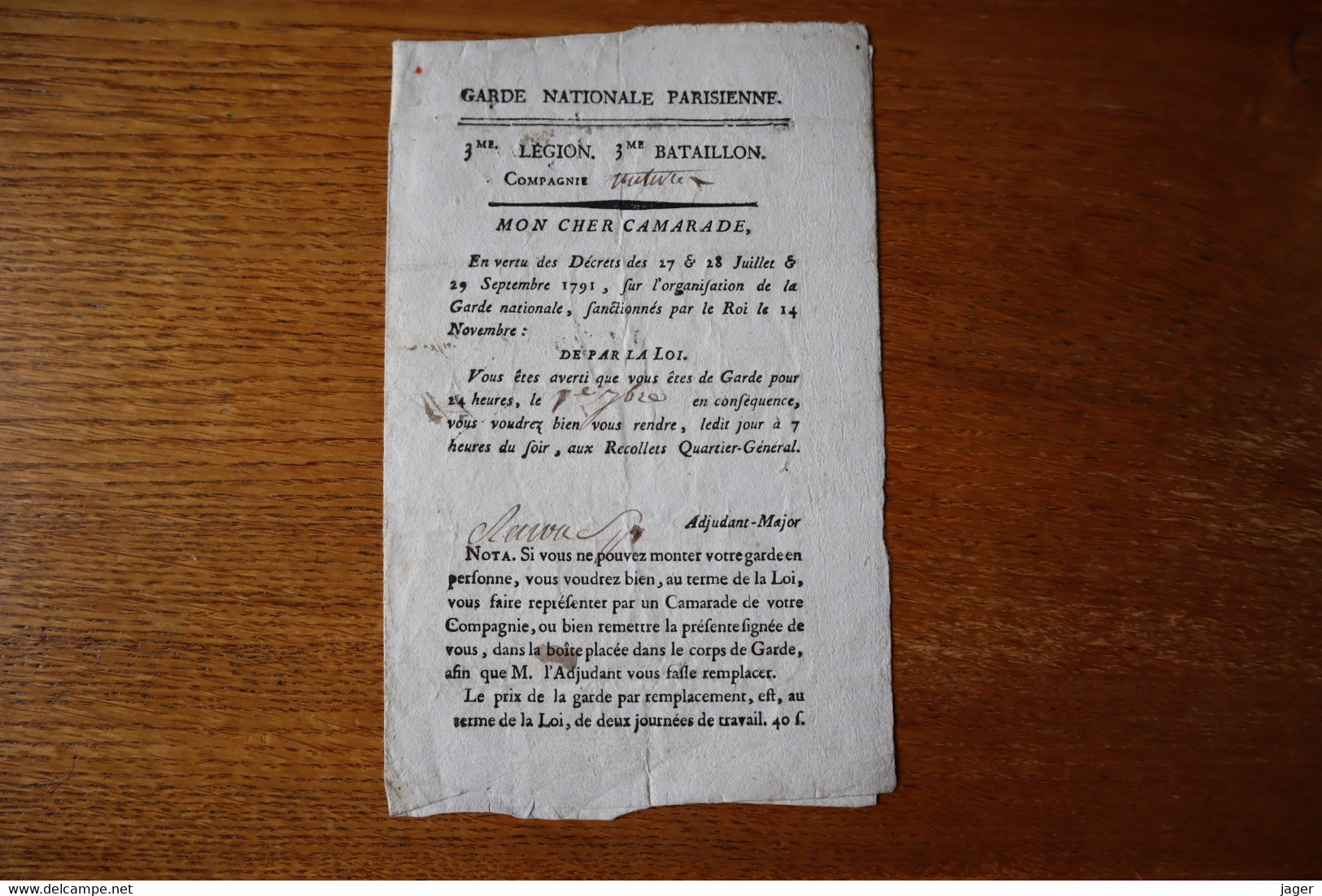 Revolution Garde Nationale Parisienne 1791 Convocation D'un Garde  Signature De L'officier - Historical Documents