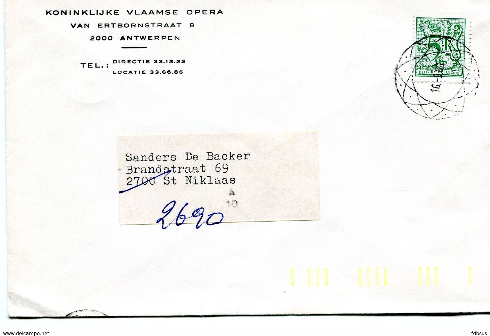 1980 Enveloppe Van KON. VLAAMSE OPERA ANTWERPEN Gefr. 5 Fr Catnr 1960 - Stomme Stempel + Stempel Op Keerzijde - 1977-1985 Cijfer Op De Leeuw