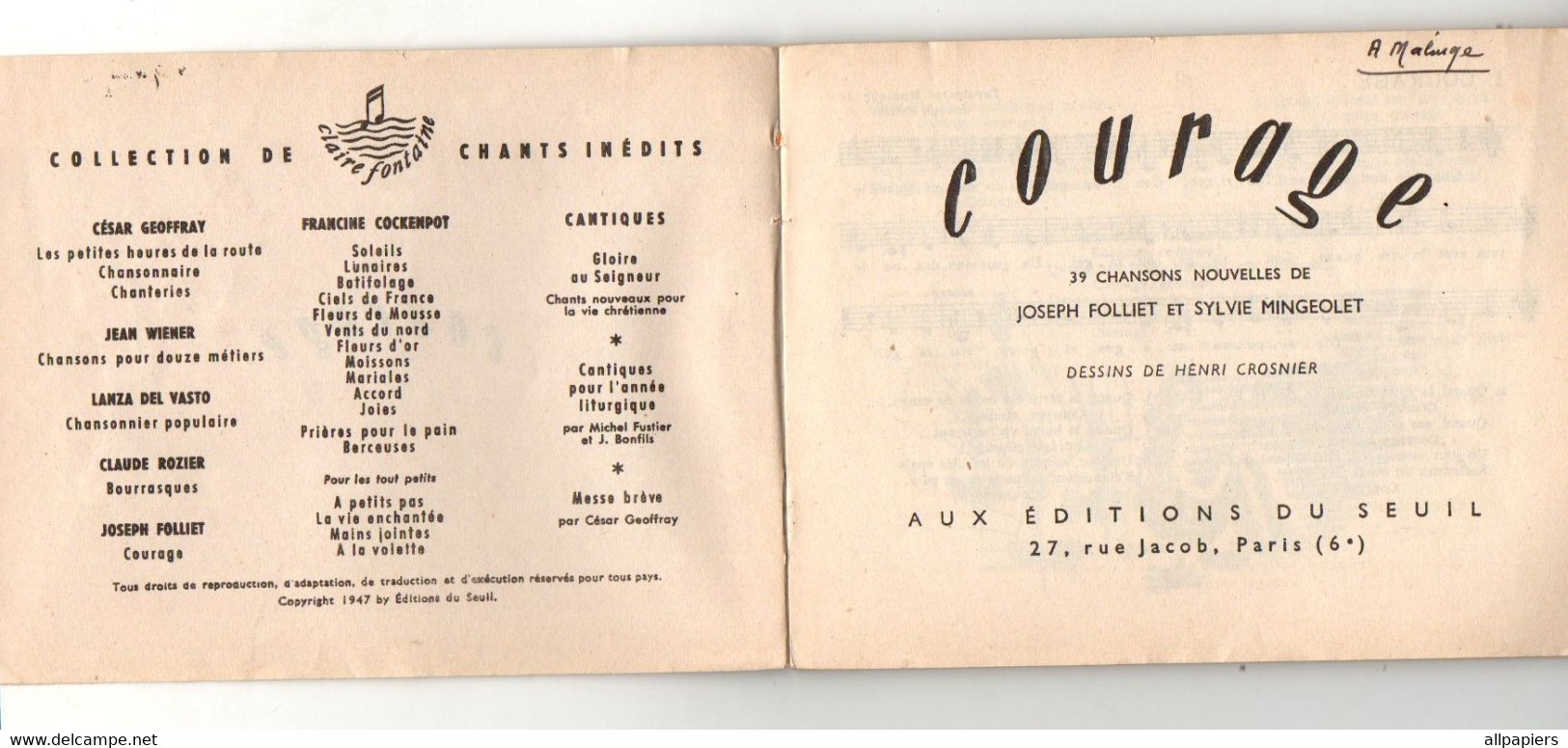 Chansons Nouvelles De Joseph Folliet Courage Aux éditions Du Seuil De 1954 - Format : 15x12 Cm 39 chansons Et Partitions - Song Books