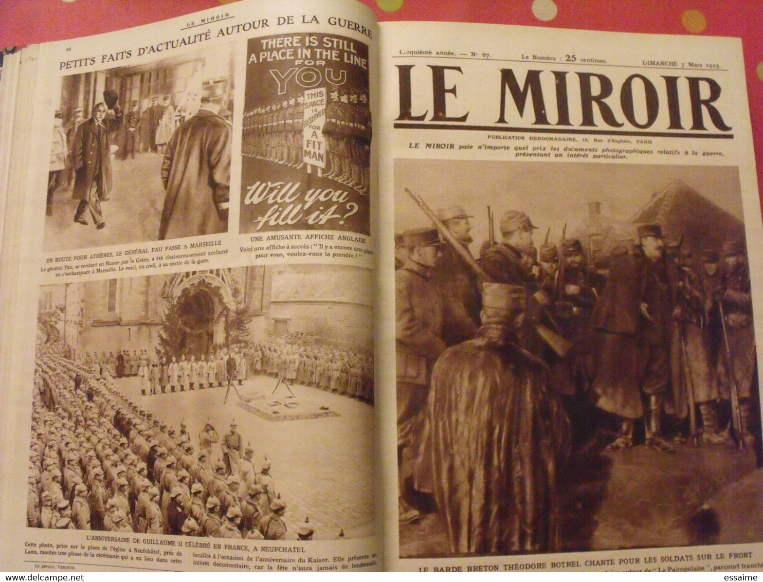 Le miroir recueil reliure 1915 (année complète 52 n°). guerre 14-18 très illustrée, documentée. zeppelin avion soldats