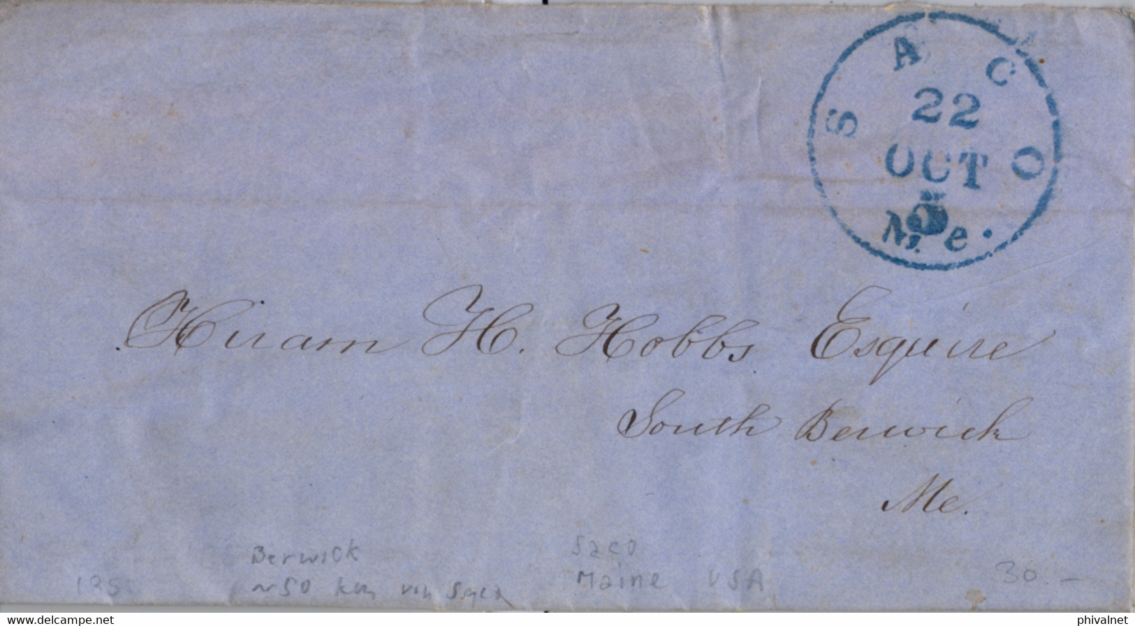 1850 ESTADOS UNIDOS , CARTA CIRCULADA , SACO - SOUTH BERWICK , FECHADOR EN COLOR AZUL - …-1845 Préphilatélie