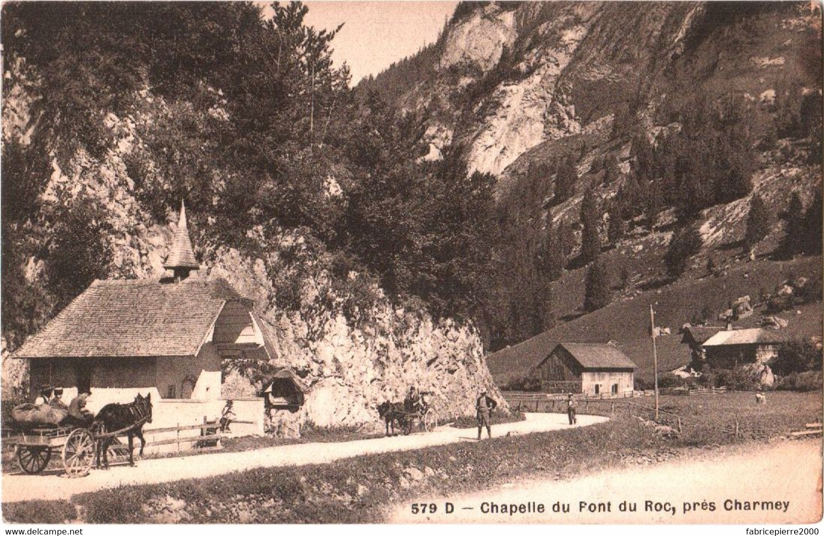 CPA Suisse (Fribourg) Val-de-Charmey - Chapelle Du Pont Du Roc, Près Charmey TBE 1918 Animée Carioles, Paysan, Ch. Morel - Chapelle