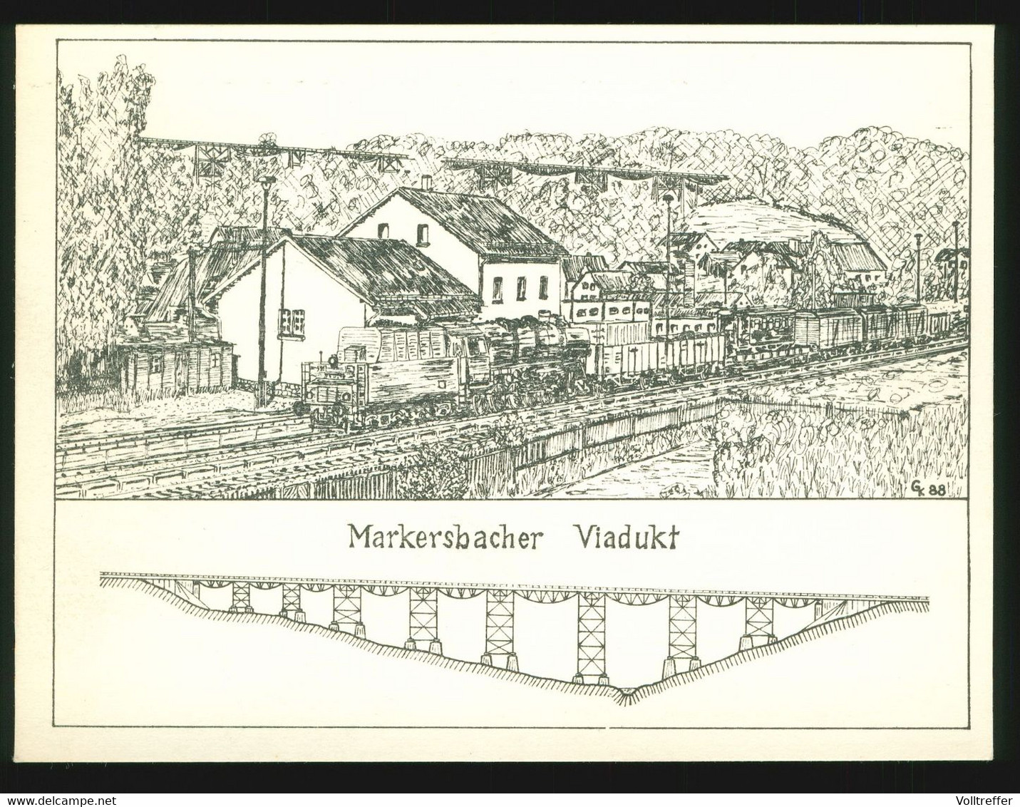 DDR Künstler Karte Wie AK Markersbacher Viadukt, Zeichnung Mit Bahnhof Und Eisenbahn Dampflok, Kühn Gospersgrün - Markersbach