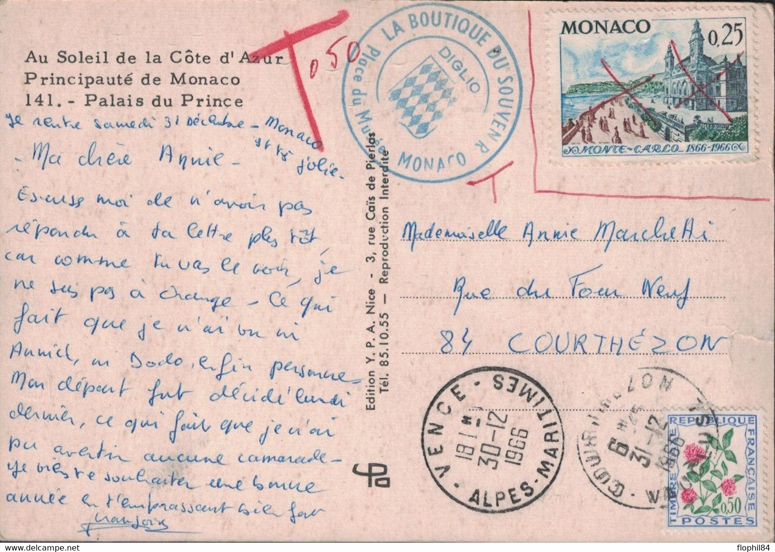 ALPES MARITIMES - VENCE - TIMBRE DE MONACO - NON ACCEPTE AVEC T DE TAXE - TAXE A COURTHEZON - VAUCLUSE - 1859-1959 Storia Postale