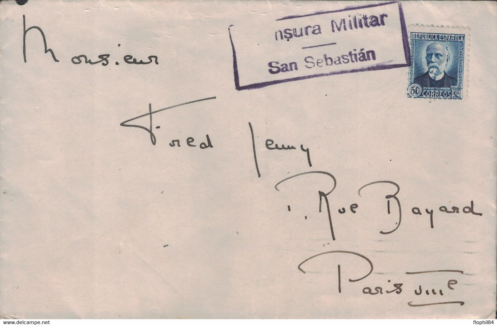 ESPAGNE - CENSURA MILITAR - SAN SEBASTIAN - ENVELOPPE POUR PARIS - LE 30-11-1936 - TIMBRE ANNULE PAR LA CENSURE - Nationalistische Censuur