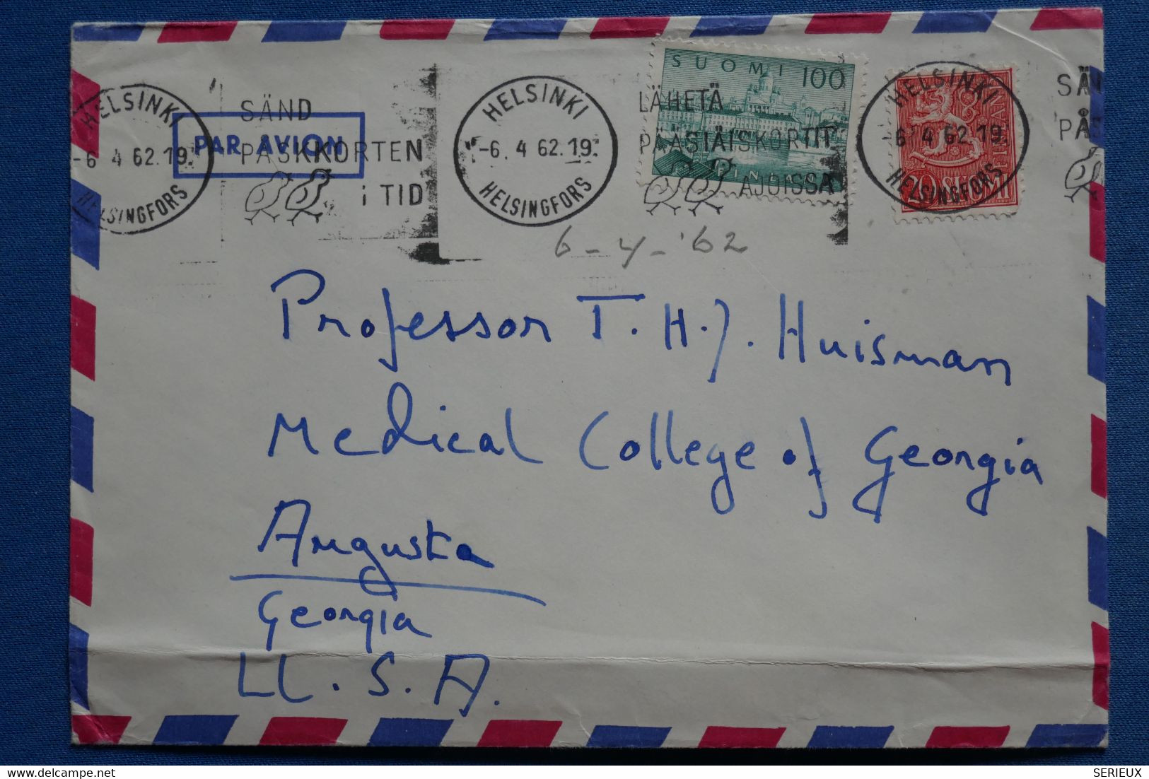 ¤14  FINLANDE   BELLE  LETTRE  1962   POUR AUGUSTA USA  +AEROPHILATELIE  +AFFRANCH . PLAISANT - Brieven En Documenten