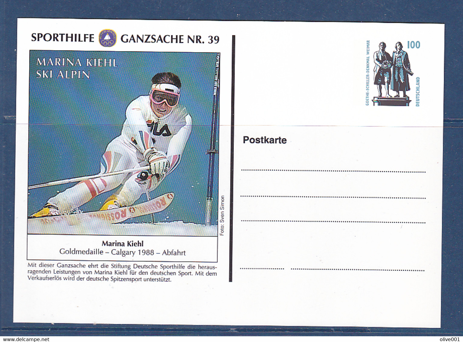 Timbres D'Allemagne, Médaillés Aux Jeux Olympique D'hiver Marina Kiehl Ski Alpin, 1 Entier Postal De 1998 à 50% - Winter 1998: Nagano