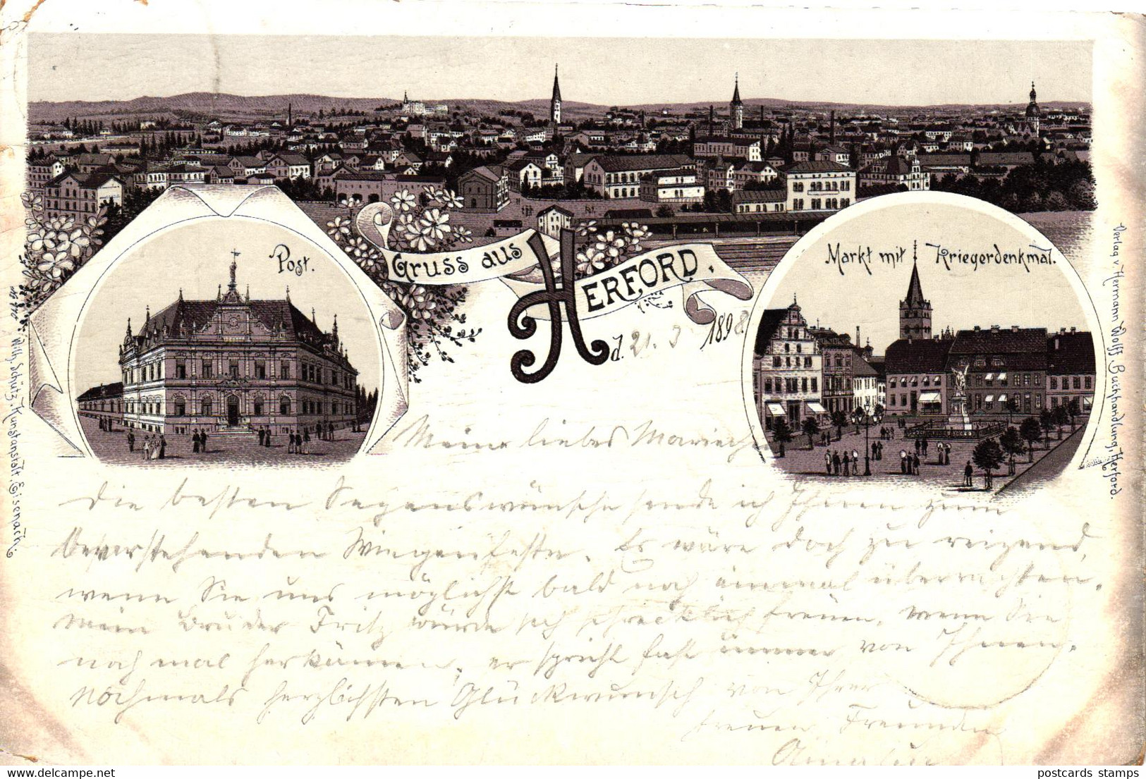 Herford, Braun-Litho Mit Post, Postamt, 1898 Nach Salzuflen Versandt - Herford