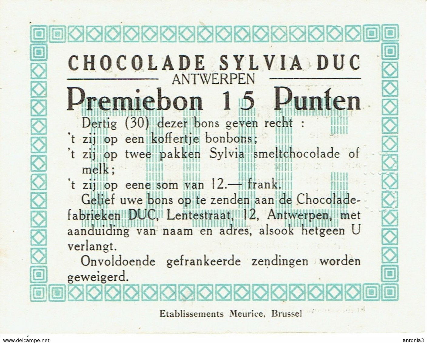 Chocolat. Antwerpen. Anvers. Chocolade Sylvia DUC. Premiebon 15 Punten. Bon-Prime 15 Points. **** - Other & Unclassified