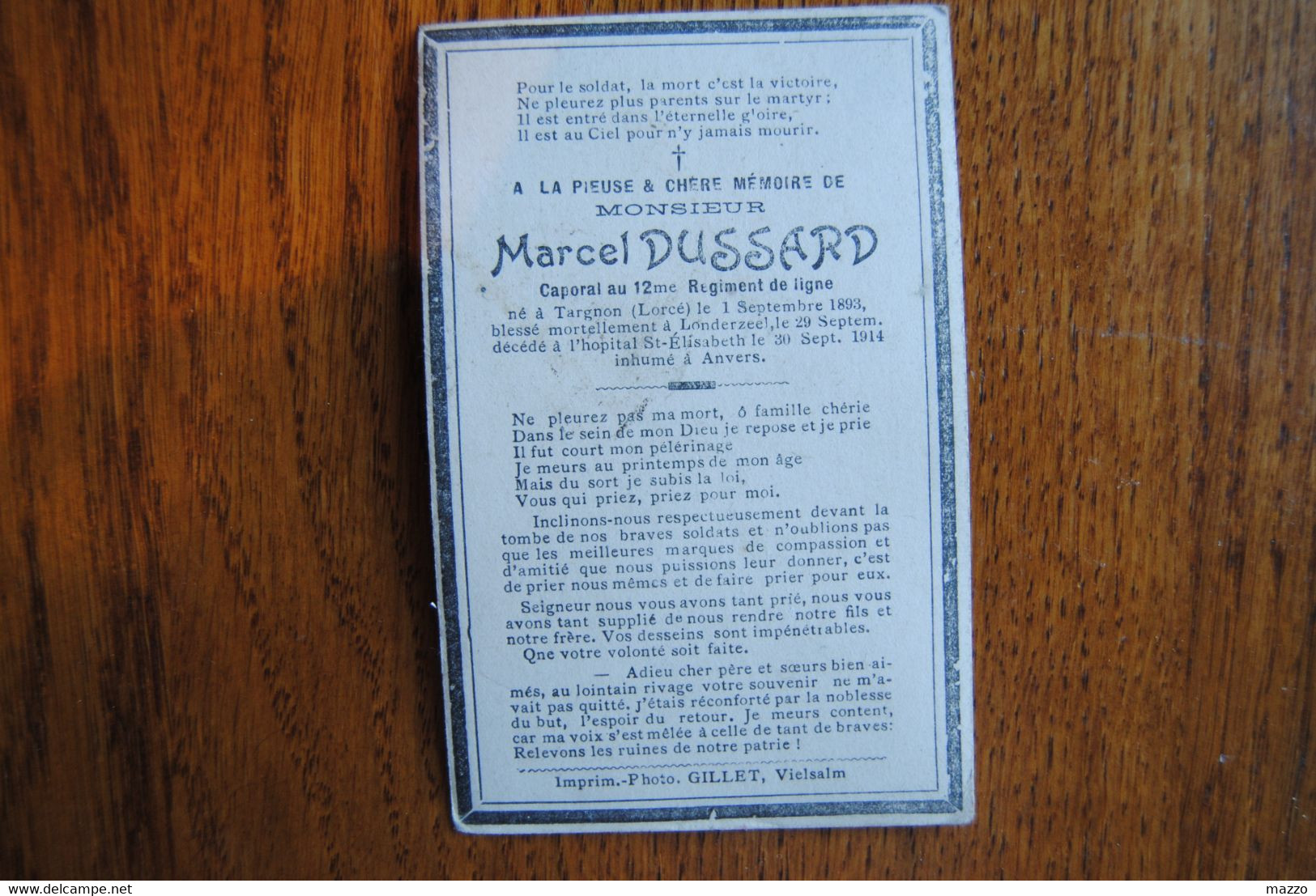 5427/Marcel DUSSARD Caporal 12°Rgt De Ligne-TARGNON(LORCé)1993dcd LONDERZEEL (ST-Eiisabeth)inhumé ANVERS1914 - Obituary Notices