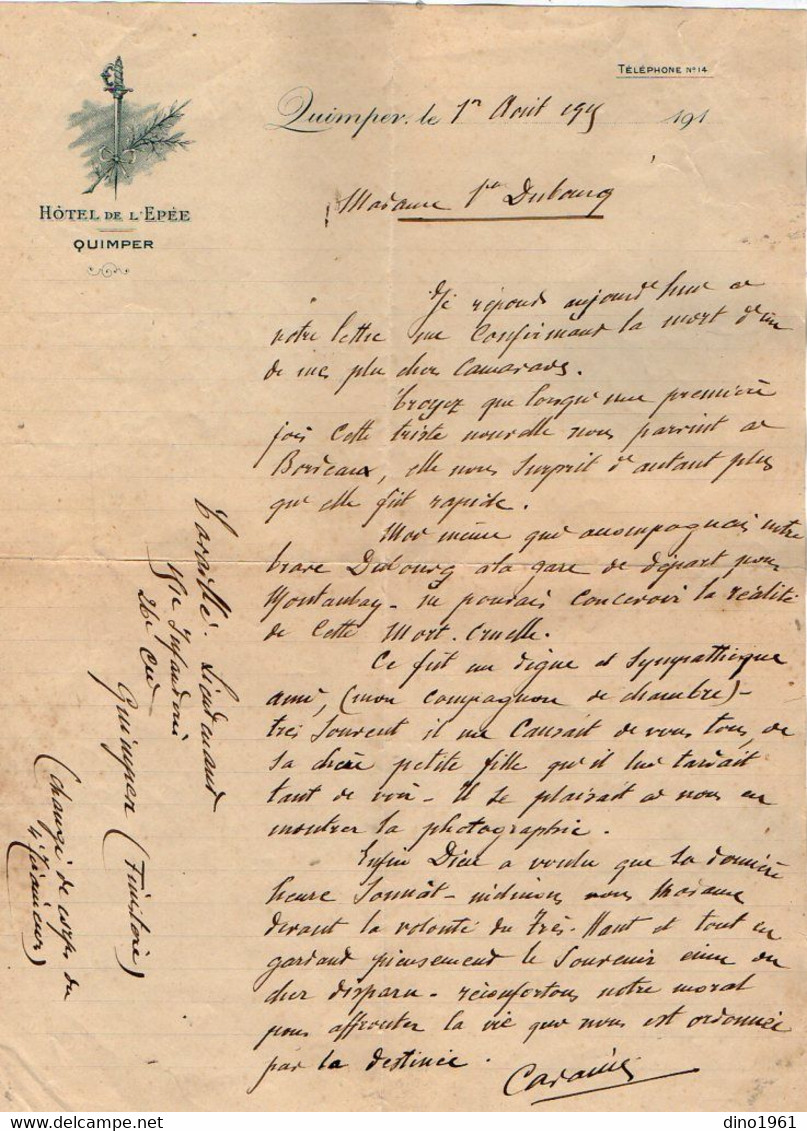 VP18.196 - Hôtel De L'Epée QUIMPER X MONTAUBAN 1915 - Lettre Du Lt CARAILLE Relative à La Mort Du Brave Soldat DUBOURG - Documents