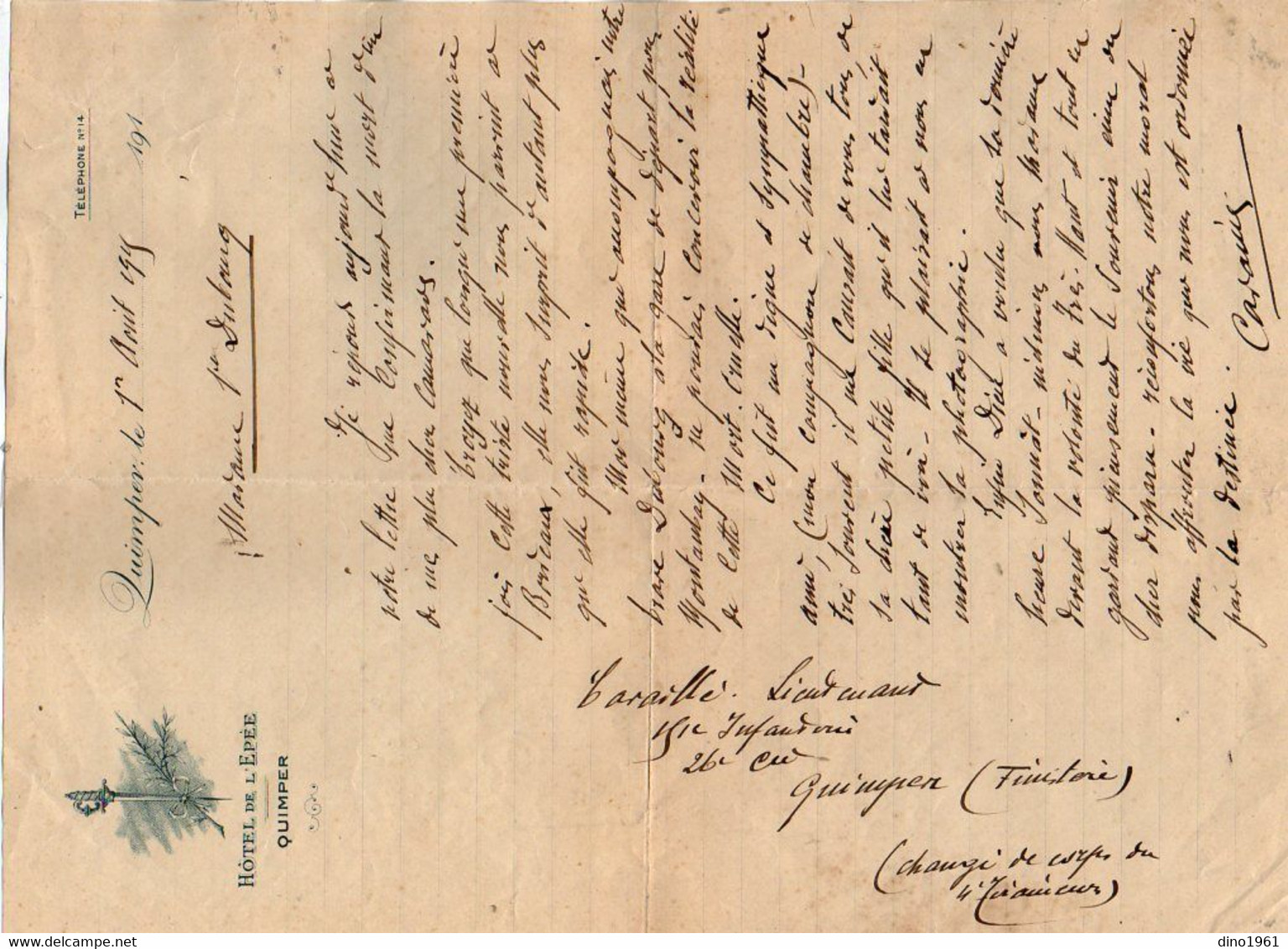 VP18.196 - Hôtel De L'Epée QUIMPER X MONTAUBAN 1915 - Lettre Du Lt CARAILLE Relative à La Mort Du Brave Soldat DUBOURG - Documenten