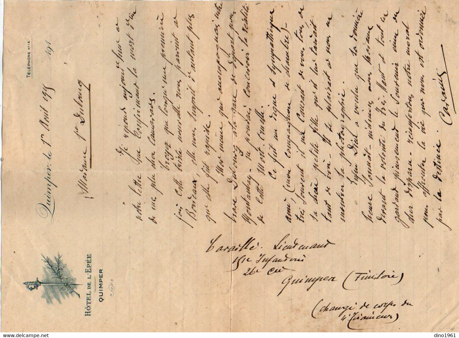 VP18.196 - Hôtel De L'Epée QUIMPER X MONTAUBAN 1915 - Lettre Du Lt CARAILLE Relative à La Mort Du Brave Soldat DUBOURG - Documenti