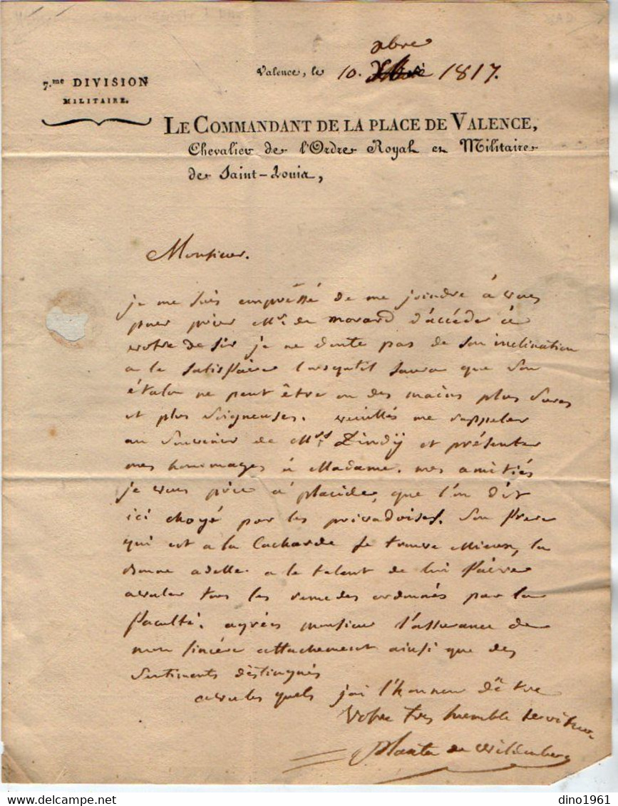 VP18.197 - MILITARIA - VALENCE X PRIVAS 1817 - Lettre De Mr Le Commandant PLANTA De WILDENBERG - Documentos