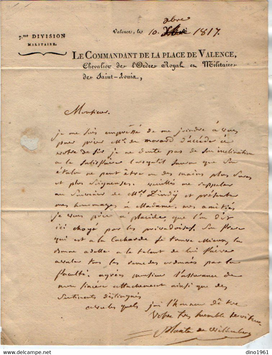 VP18.197 - MILITARIA - VALENCE X PRIVAS 1817 - Lettre De Mr Le Commandant PLANTA De WILDENBERG - Documenti