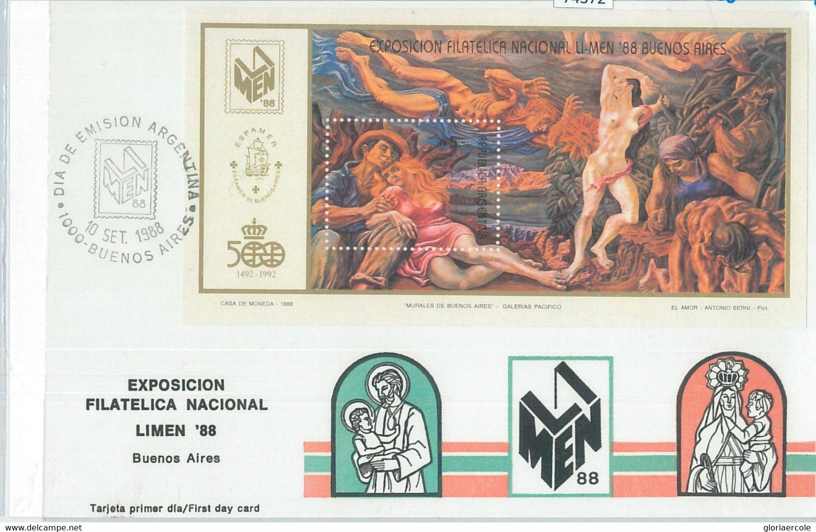 74372 - ARGENTINA - POSTAL HISTORY -  OFFICIAL FDC Card 1988 - ART Religion - Brieven En Documenten