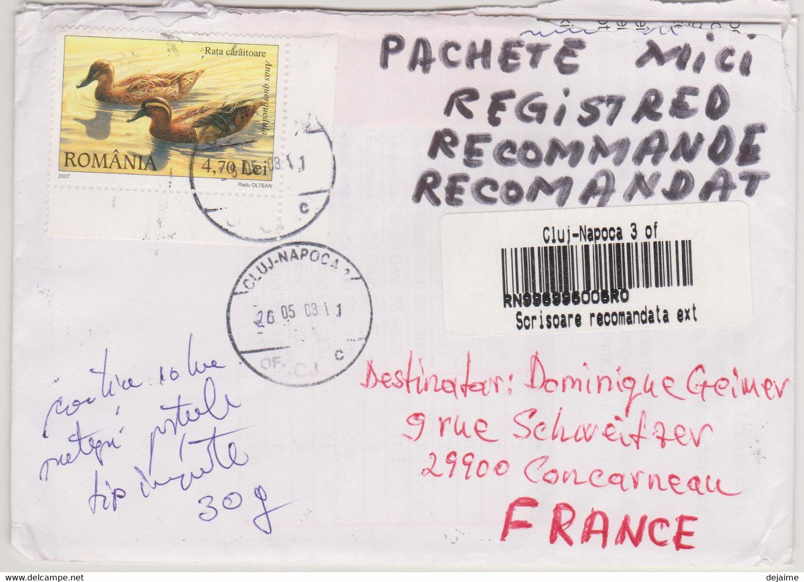 ROUMANIE 2008 Enveloppe Recommandée Pour La France Avec Affranchissement Surtaxe Au Dos A Voir - Poststempel (Marcophilie)