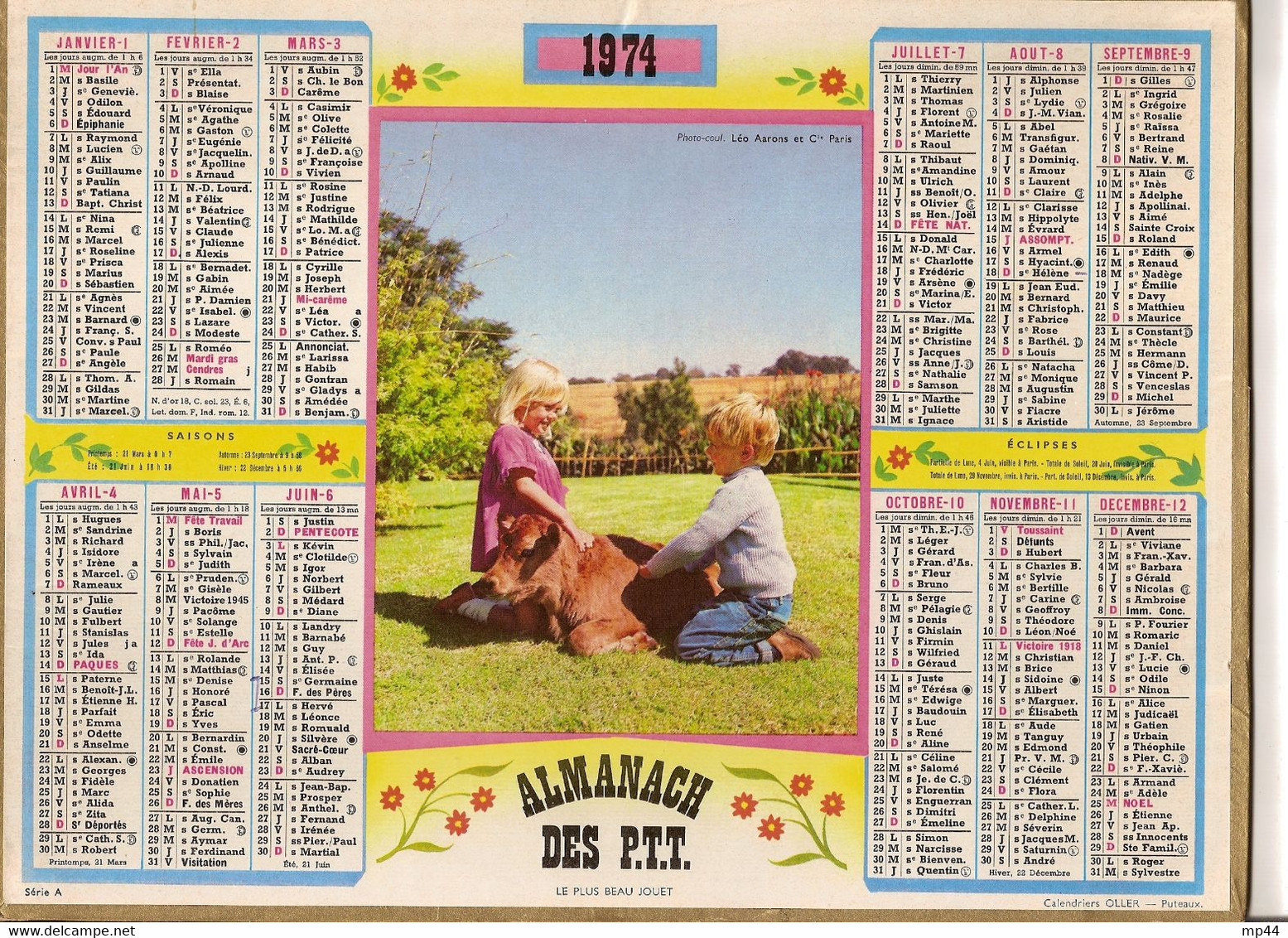 -almanach Des PTT 1974   EURE Thème Enfants Veau - Grand Format : 1971-80